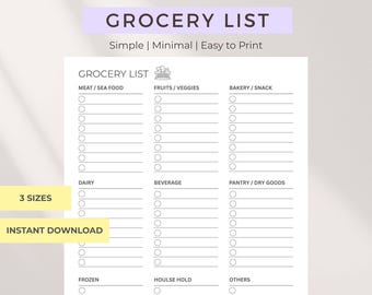 Lista de la compra minimalista imprimible: A4, A5, Carta (descarga digital)