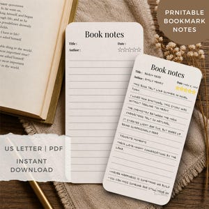 May include: Two off-white rectangular paper bookmarks with rounded corners. The top of each features the text Book notes, followed by fields for Title, Author, and Date, plus a five-star rating scale. One bookmark is blank, while the other is filled in.