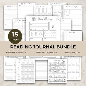 May include: A 15-page reading journal bundle featuring printable and digital templates. The white pages include black text and line art for book reviews, trackers, monthly reflections, favorite quotes, and a bookshelf illustration for US Letter size.