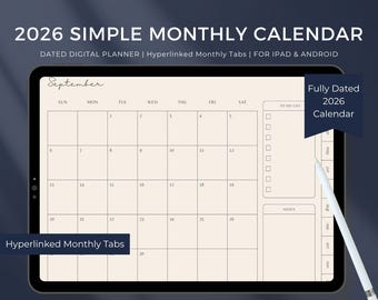 Agenda digital mensual 2026 / Calendario sencillo con hipervínculos para iPad (Descarga digital)