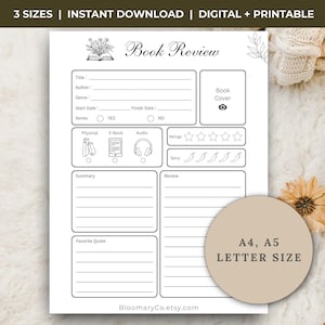 Puede incluir: Plantilla imprimible de reseña de libro en blanco y negro, con campos para título, autor y género. Incluye escalas de calificación para estrellas y niveles de picante. El diseño muestra el texto «Book Review». Disponible en tamaños A4, A5 y carta.