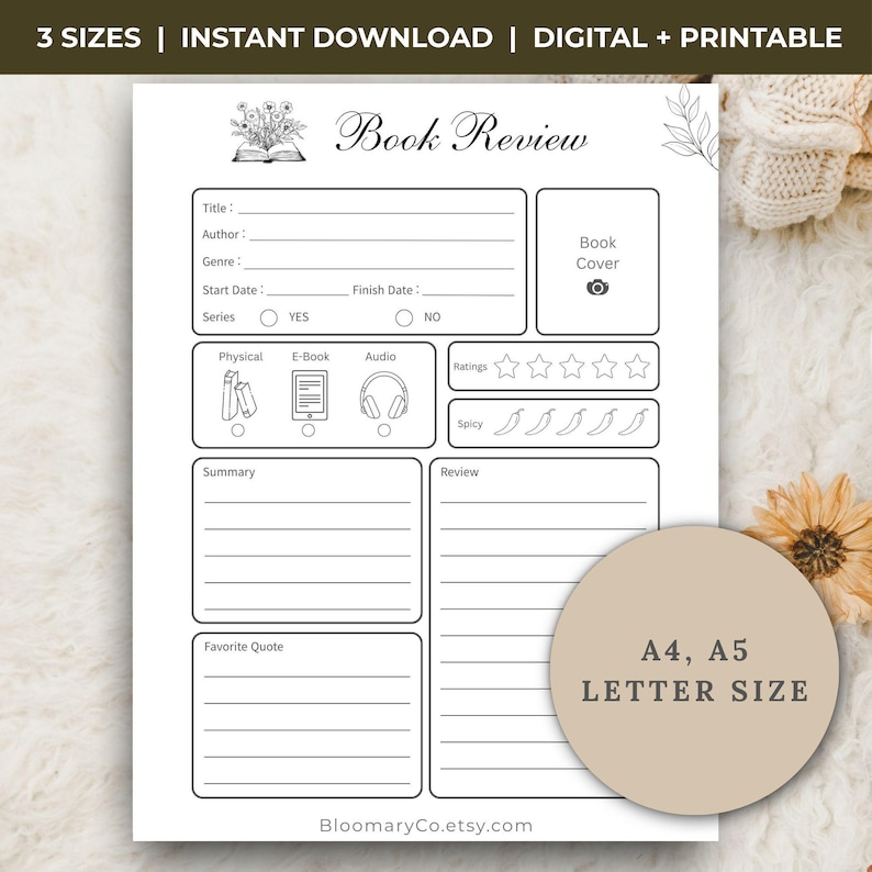 Book Review Template Printable & Digital Reading Journal Book Tracker ...