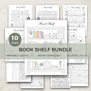 May include: A collection of ten printable coloring pages featuring black and white line art of bookshelves. Each page displays various arrangements of books, plants, and decorative items with the text Book Shelf at the top of each design.