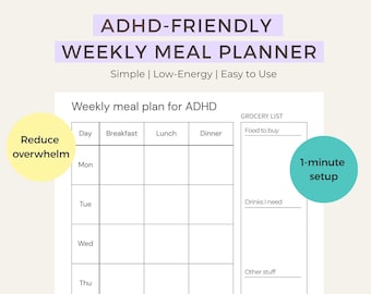 Planificador de comidas semanal para adultos con TDAH (PDF imprimible)