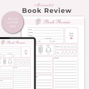 May include: A minimalist book review template in pink and white, with sections for title, author, genre, and a book cover photo. Includes rating scales for stars and spiciness, and a review section. The text "Book Review" is displayed prominently.