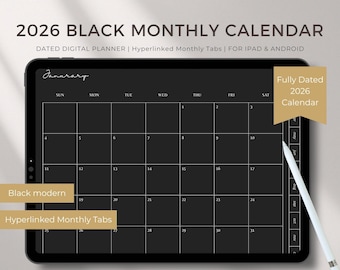 Calendario mensual minimalista negro 2026, pestañas con hipervínculos, iPad GoodNotes PDF