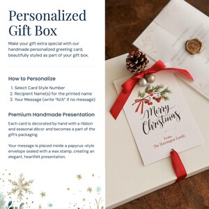 May include: A white gift box tied with a red ribbon, featuring a Christmas greeting card. The card reads "Merry Christmas" and is adorned with a sprig of greenery and berries. A pine cone and decorative baubles are also included.
