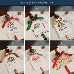 May include: Six Christmas gift tags with various designs, including "Merry Christmas" and "Marry Christmas" text. Each tag is adorned with pinecones, ribbons, and bells. The tags are attached to white boxes, offering a range of festive styles.