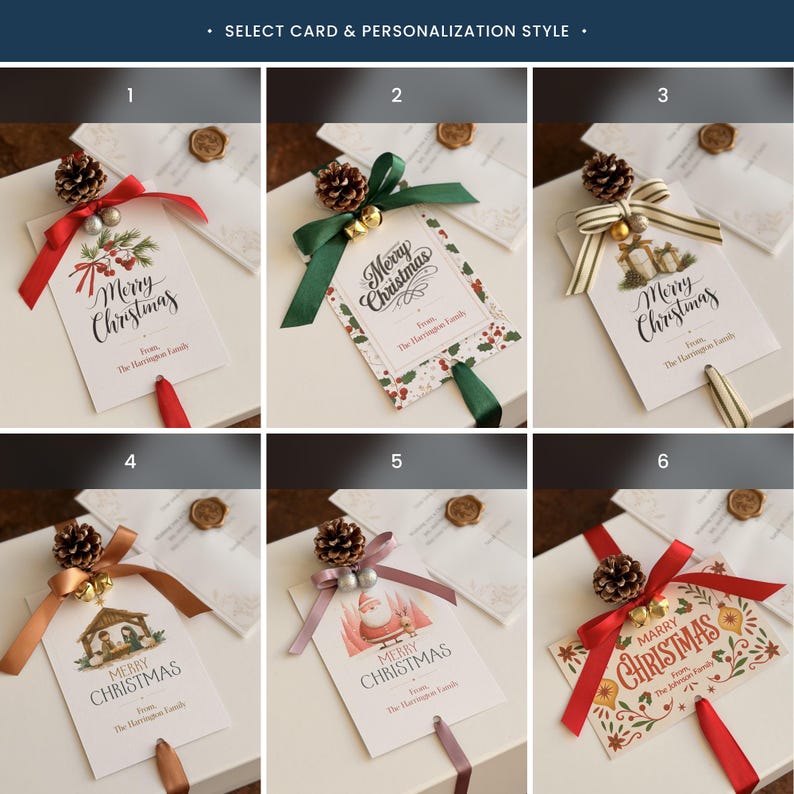 May include: Six Christmas gift tags with various designs, including "Merry Christmas" and "Marry Christmas" text. Each tag is adorned with pinecones, ribbons, and bells. The tags are attached to white boxes, offering a range of festive styles.