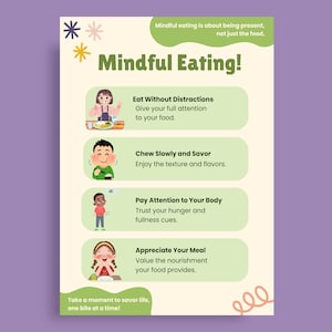 May include: A poster titled "Mindful Eating!" with illustrations and text. The poster advises on mindful eating, including "Eat Without Distractions" and "Chew Slowly and Savor." The text "Mindful eating is about being present, not just the food" is also included.