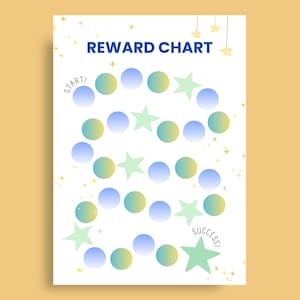 May include: A white reward chart with the words "REWARD CHART" in blue. The chart features a path of blue and yellow circles and green stars, with "START!" and "SUCCESS!" written on the chart.