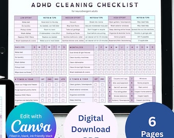 Lista de verificación de limpieza para el TDAH / Planificador digital para adultos neurodivergentes / Organización imprimible para el TDAH (PDF)