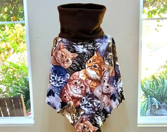 Kitten Print Winter Fleece Fabric V Poncho with Brown Cowl