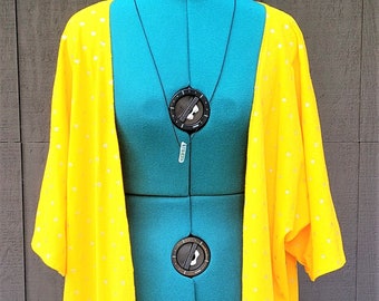 Handmade Lightweight Cotton Mid-Length Kimono - Yellow with Shiny Silver Dots