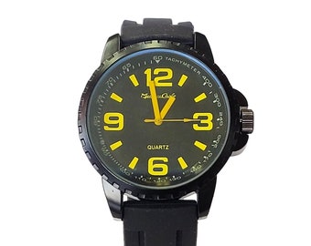 Montres Carlo Fashion Watch Large Faced Unisex Black Rubber Band (Yellow Numerals)