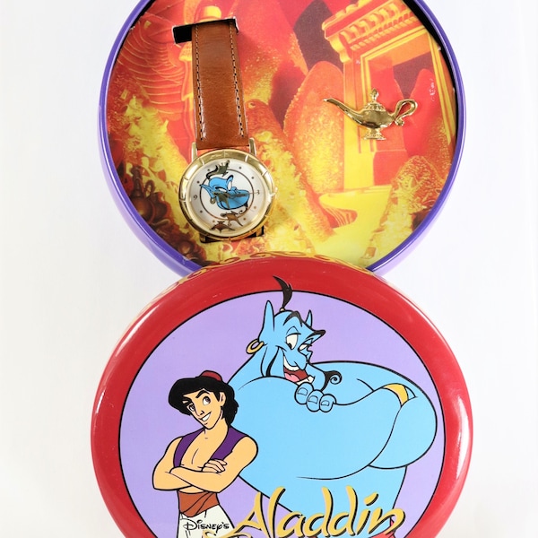 Disney Aladdin Watch by Fossil w/Tin Case & Pin Brand New Old Stock Vintage