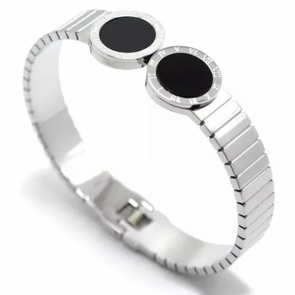 Stainless Steel Roman Numeral Double Circles Bangle Bracelet with Black Circles Hinged Clip