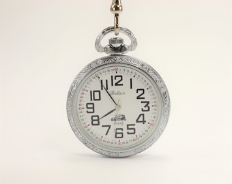 Belair Stainless Steel Railroad Pocket Watch with Chain Made in USA Swiss Movement