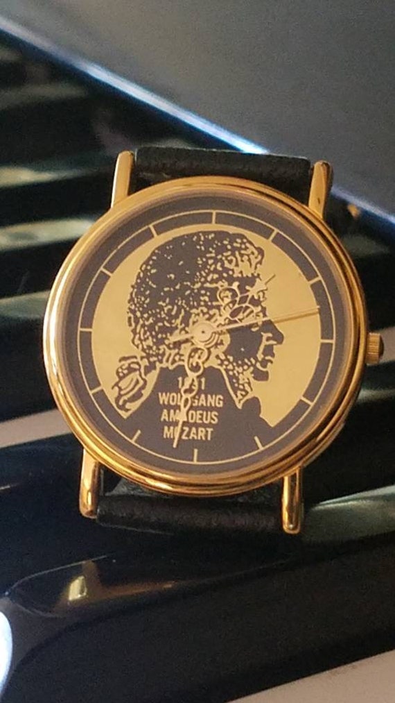 Wolfgang Amadeus Mozart Watch Gold Plated Black L… - image 4