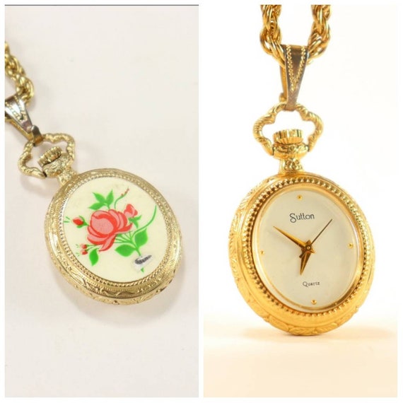 Sutton Ladies Gold Plated Necklace Watch with Enam