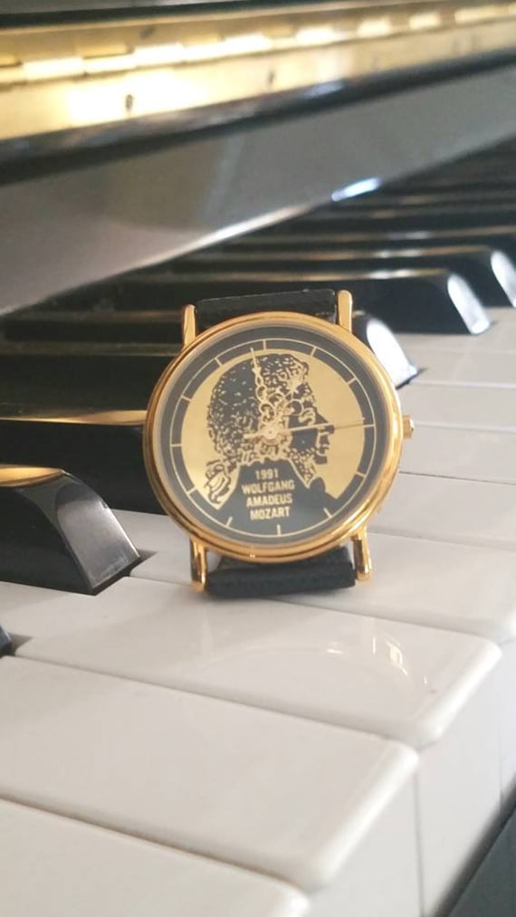 Wolfgang Amadeus Mozart Watch Gold Plated Black L… - image 2