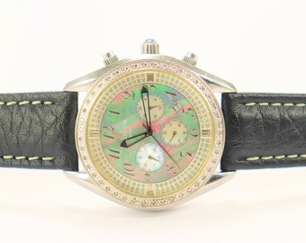 Techno Com by KC Men s Watch Stainless Steel Mother of Pearl Black Leather Band Preowned Etsy