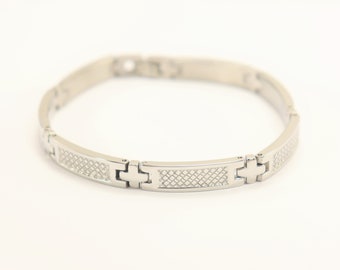 Stainless Steel Cross Shaped Link Bracelet with Beaded Detail Unisex