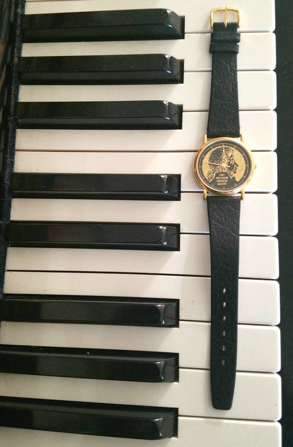 Wolfgang Amadeus Mozart Watch Gold Plated Black L… - image 5