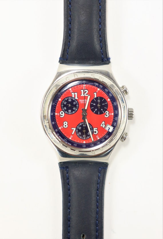 Swatch Irony Chrono Watch Black Leather Band Red D