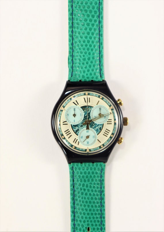 Swatch Performance Chrono Watch 1994 Turquoise Lea