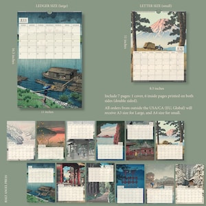 May include: A calendar with Japanese art prints. The large calendar is 16.5 inches tall and 11 inches wide, with the month of July displayed. The small calendar is 11 inches tall and 8.5 inches wide, with the month of June displayed.