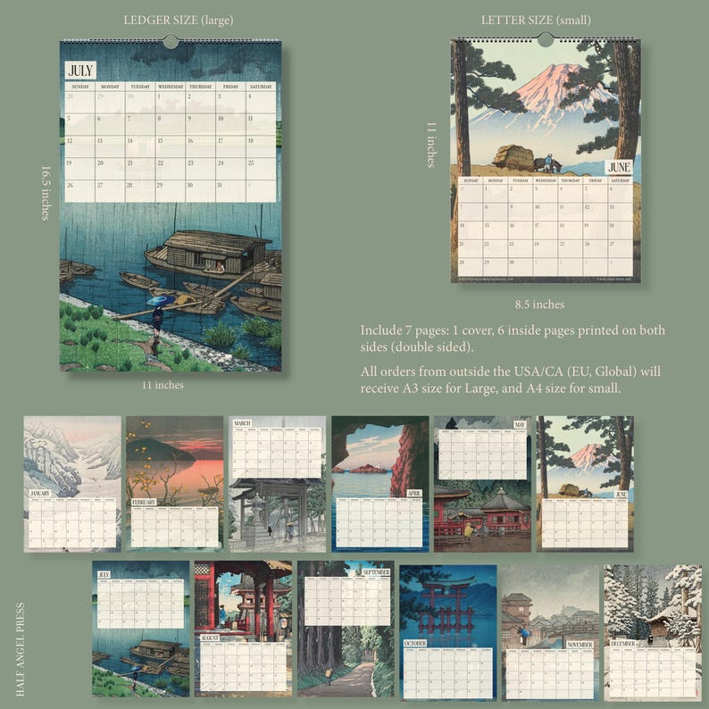May include: A calendar with Japanese art prints. The large calendar is 16.5 inches tall and 11 inches wide, with the month of July displayed. The small calendar is 11 inches tall and 8.5 inches wide, with the month of June displayed.