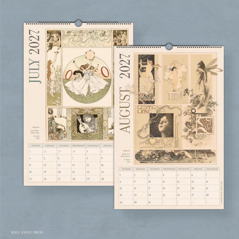 May include: Two wall calendar pages for July 2027 and August 2027 featuring cream-coloured paper with intricate, vintage-style illustrations of figures, floral motifs, and decorative borders. Each page displays a monthly grid with dates.