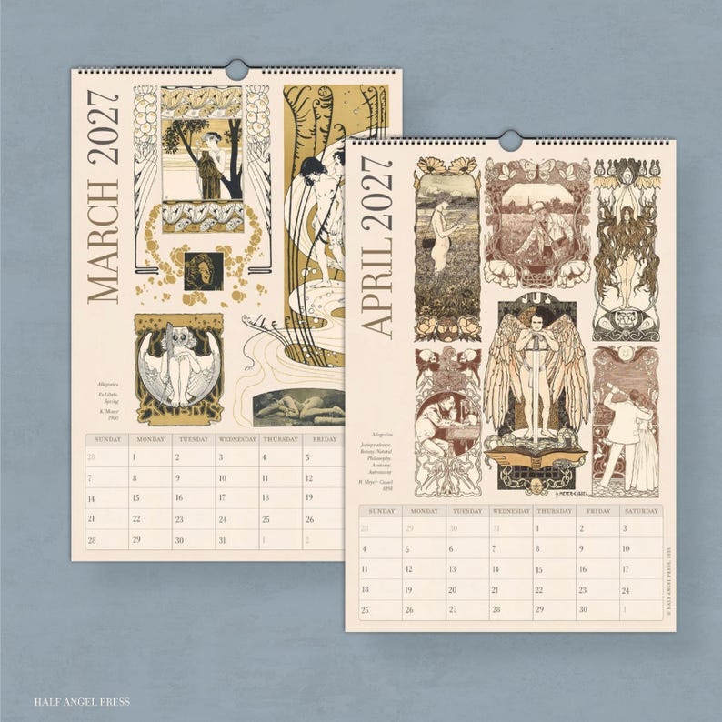 May include: Two wall calendar pages for March 2027 and April 2027 featuring cream-coloured paper with intricate black and gold illustrations of figures, floral motifs, and ornate borders. Each page displays a monthly grid with dates.