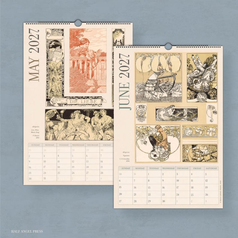 May include: Two wall calendar pages for May 2027 and June 2027. Each page features cream-coloured paper with black wire binding, intricate vintage-style illustrations, and a grid layout for the days of the month with printed text.