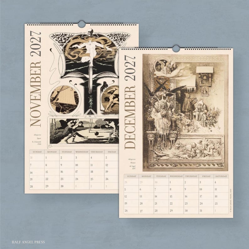 May include: Two wall calendar pages for November and December 2027. The November page features black and white illustrations of figures and a sailboat. The December page displays a detailed sepia-toned scene with figures and architectural elements.
