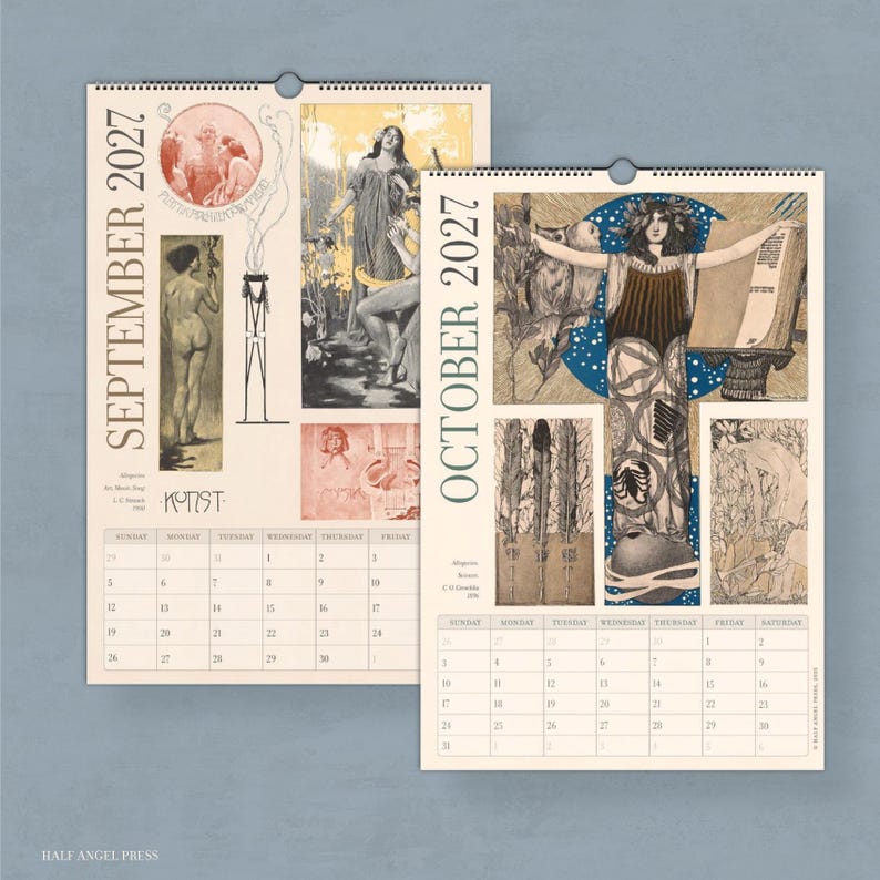 May include: Two wall calendar pages for September and October 2027. The September page features vintage-style illustrations and the text "SEPTEMBER 2027" and "KUNST". The October page displays a central figure with an open book, owls, and "OCTOBER 2027".