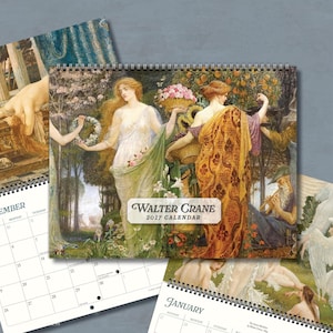 May include: A 2027 wall calendar featuring the artwork of Walter Crane. The cover displays a classical painting of figures in a lush garden setting with the text Walter Crane 2027 Calendar centred. The calendar includes spiral binding at the top.