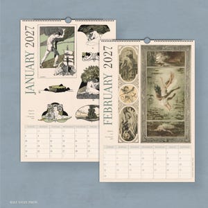 May include: Two wall calendar pages for January 2027 and February 2027. The January page features cream paper with black and green illustrations of figures and a ship. The February page displays a large central painting of figures underwater.