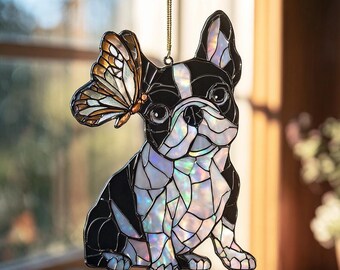 Terrier de Boston et attrape-soleil papillon : hologramme à suspendre, cadeau de Noël, cadeau amusant, cadeau d'anniversaire, cadeau commémoratif