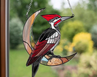 Enfeite de janela em acrílico com pica-pau-de-poupa-vermelha: presente para amantes de pássaros (NÃO É VIDRO) Arte de janela com tema da vida selvagem da floresta, presente colorido para pendurar em árvores