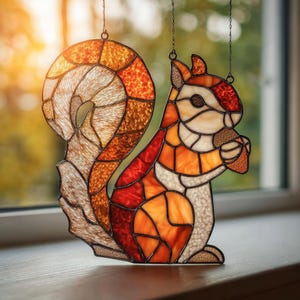Puede incluir: Atrapasoles de ardilla de vidrieras en tonos naranja, rojo y marrón. La ardilla sostiene una nuez. El atrapasoles cuelga de una cadena. El diseño se muestra frente a una ventana. La cola de la ardilla es grande y detallada.