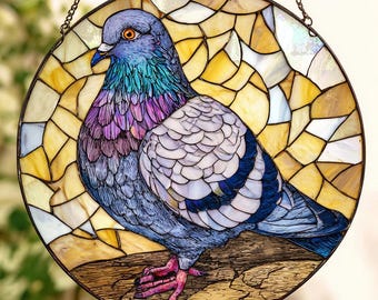 Mosaic Pigeon Bird Art Round Stained Glass Suncatcher Window Hanging Gift for Bird Lovers, Animal Lovers, Natural Decor, Gift For Him
