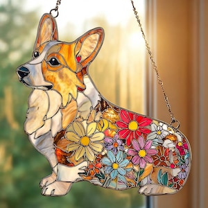 Corgi akryl solfångare, hologramfönsterhängande, blommig hundälskare present, regnbågstillverkare valpdekor, INTE GLAS