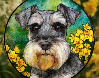 ステンドグラス　シュナウザー ステンドグラスのシュナウザーサンキャッチャー：手作り犬の肖像画