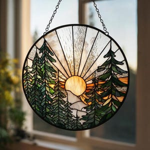 Forest Stained Glass Suncatcher, Pine Tree and Mountain Sunrise Decor, Nature Landscape Window Hanging, Hiking Lover Gift for Dad