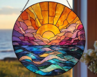ステンドグラスの日の出サンキャッチャー：ビーチの窓に飾る - Etsy 日本