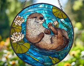 Swimming Otter Stained Glass Suncatcher Window Otters Art, Gift For Her, Funny Animal Decor, Animal Lover Gift