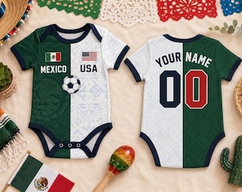 Aangepaste babyromper Half Mexico Half USA, gepersonaliseerde babyoutfit Mexico VS voetbal, Mexicaans-Amerikaanse romper met naamnummer