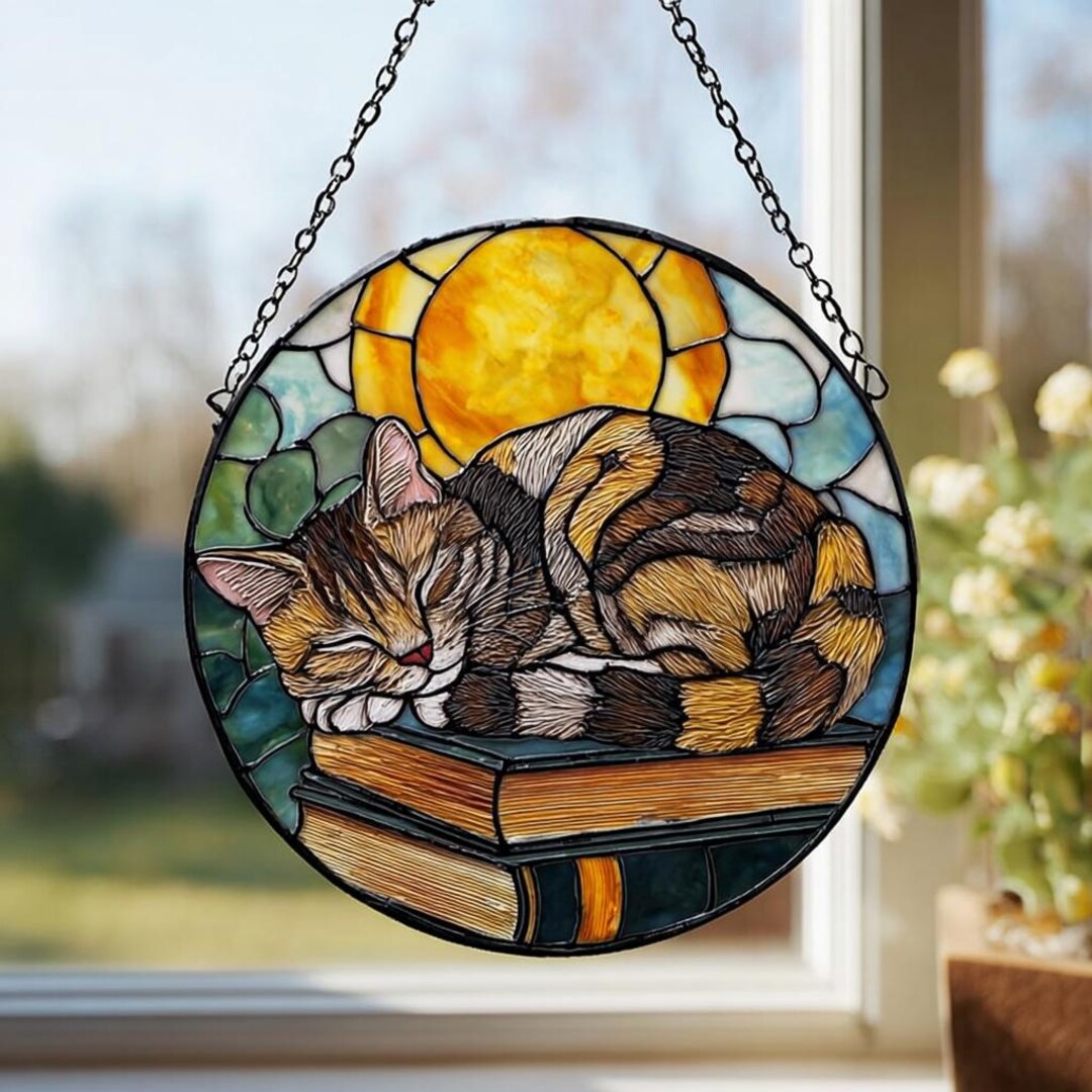 Stained Glass Cat Suncatcher | Sleeping Tabby on Books Mosaic - Etsy